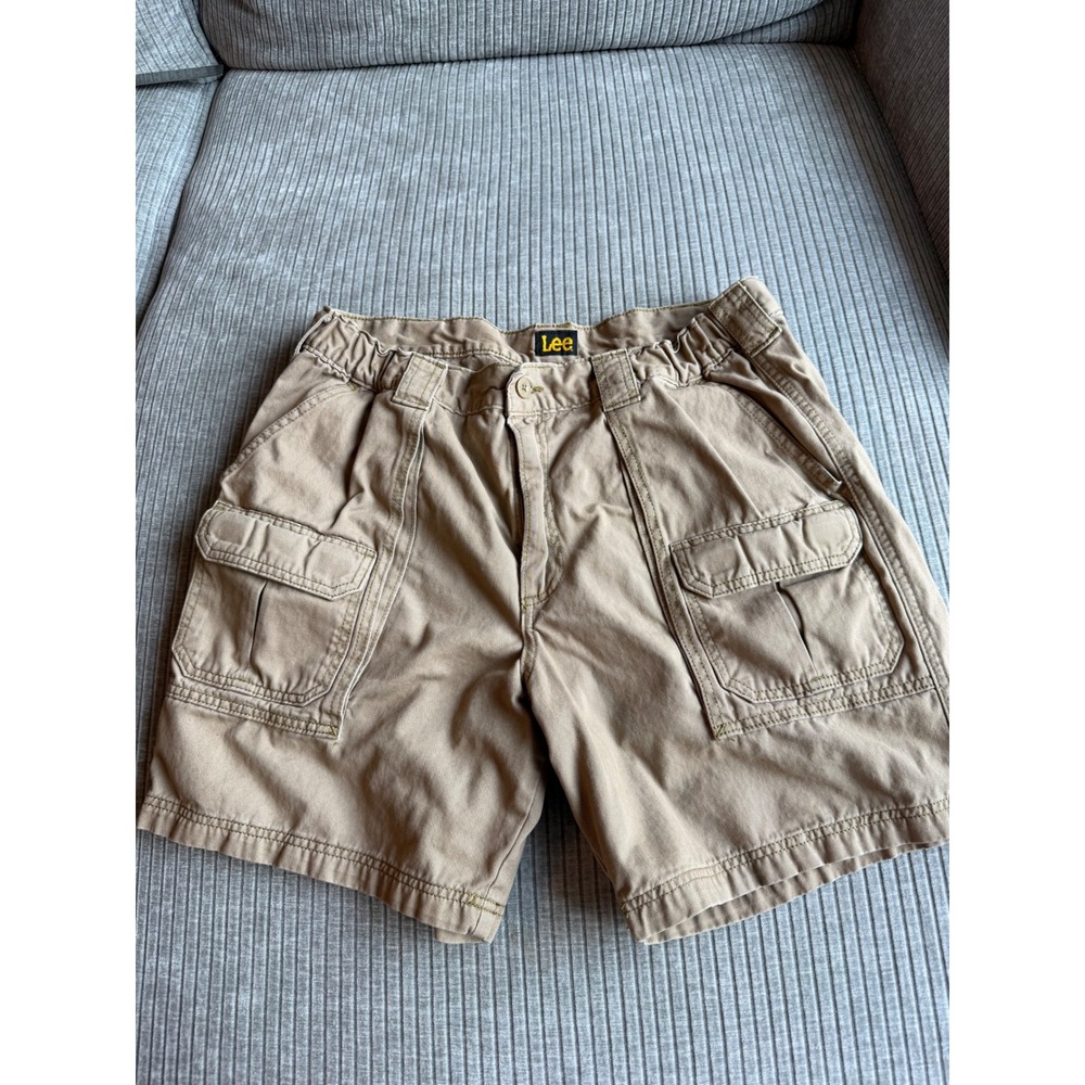 Lee Mens Khaki Cargo Shorts Tan Cotton Elastic Waist Utility Pockets Size 36